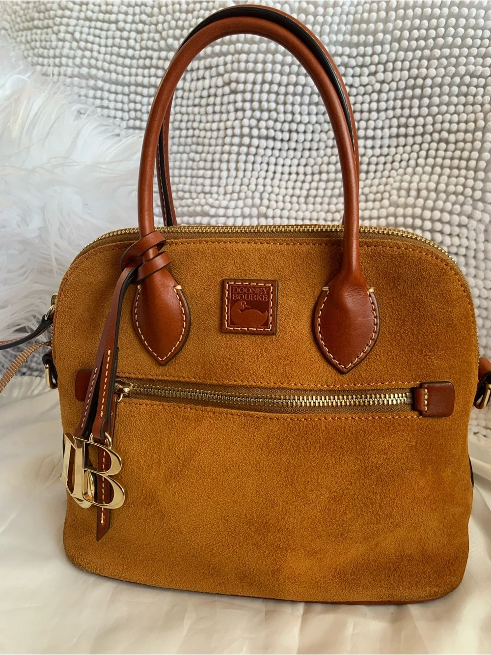 GUC. Dooney & Bourke Suede Satchel in honey Brown with Tan Leather Trim.